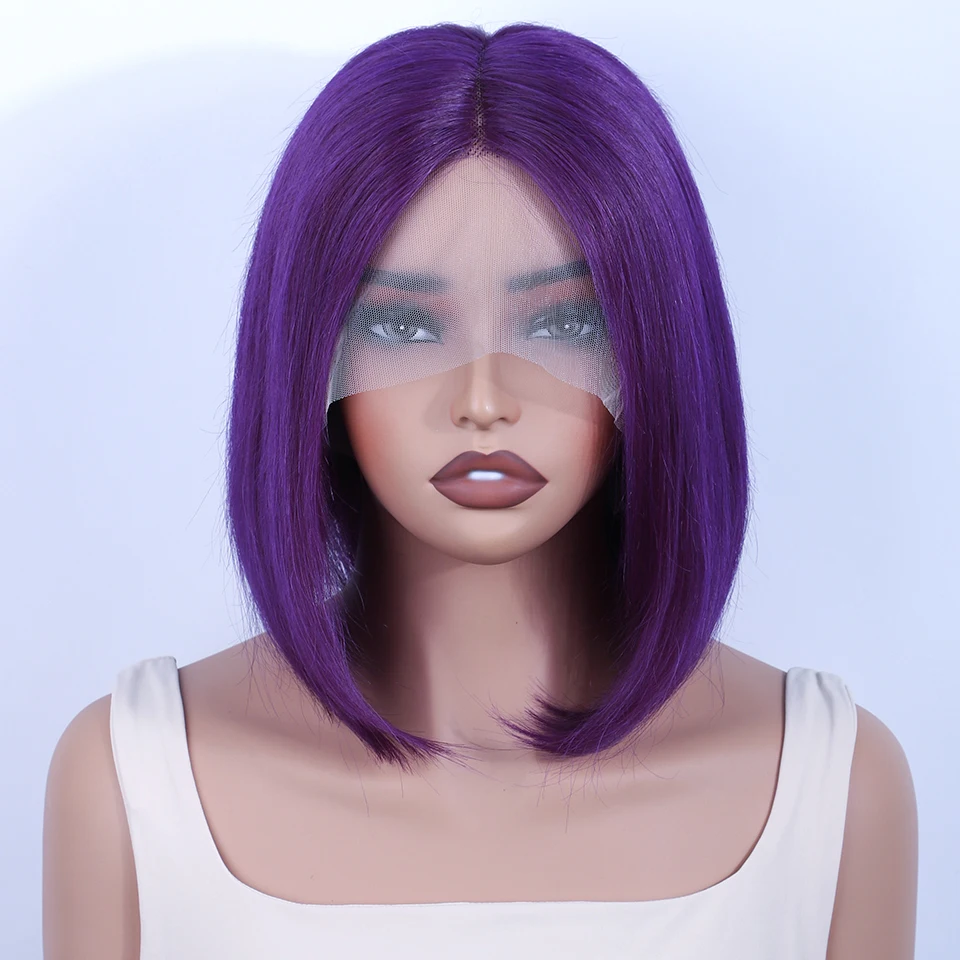 Straight Short Bob Wig 13*5*2 T Part Lace Front Human Hair Wigs Brazilian 180% Density Purple Color Lace Front Human Hair Wigs