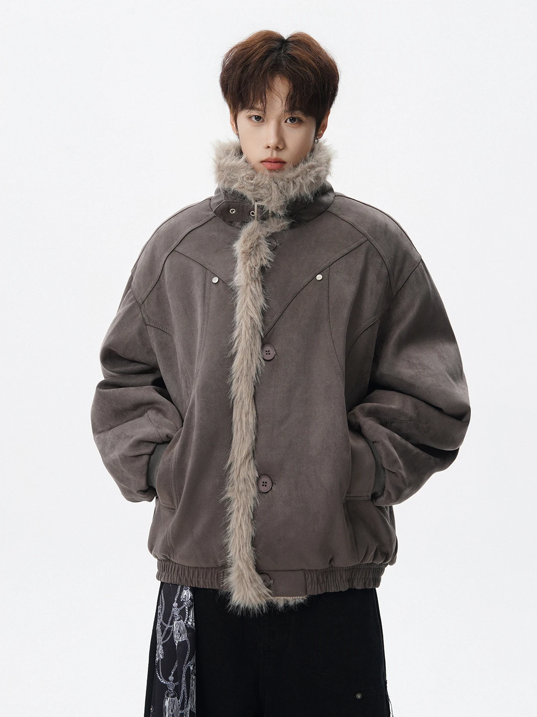 

Thiened Winter Cotton Jaet for Men Warm Stand Collar Long Velvet Mountain Eagle Design Heavyweight Casual Outerwear