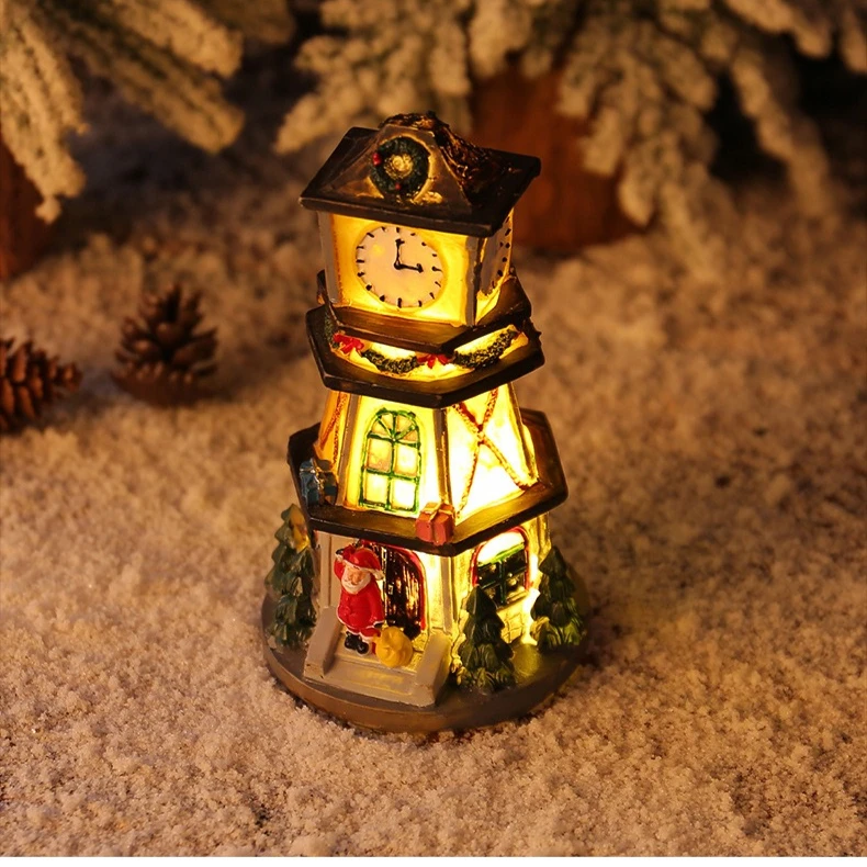 Creative Luminous Bell Tower Sculpture Resin Small House Decoration Home Desktop Decoration Crafts Christmas Gifts