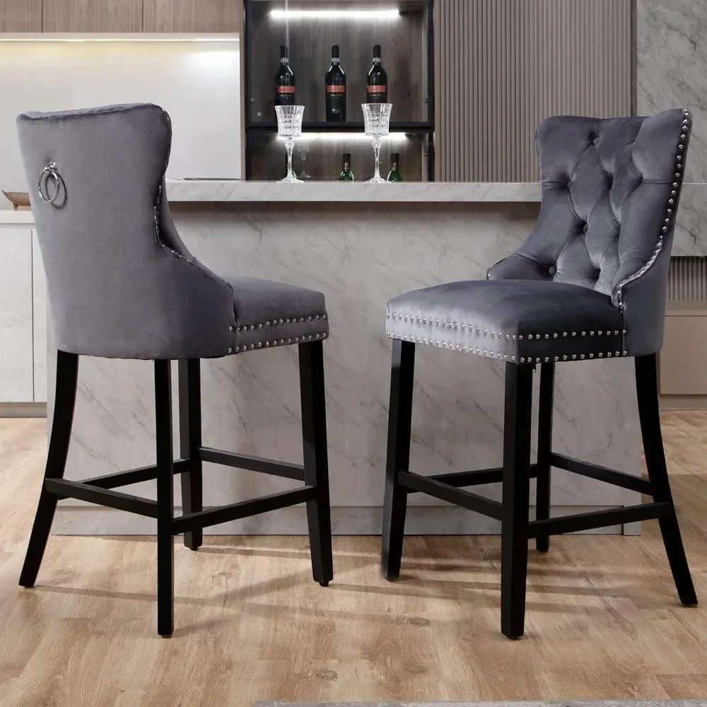 

Bar Stools Set of 2, Tufted Wingback Barstools, Velvet Dining Chair Stool, Wood Legs, Padded Seat, Button Trim, Bar Chair