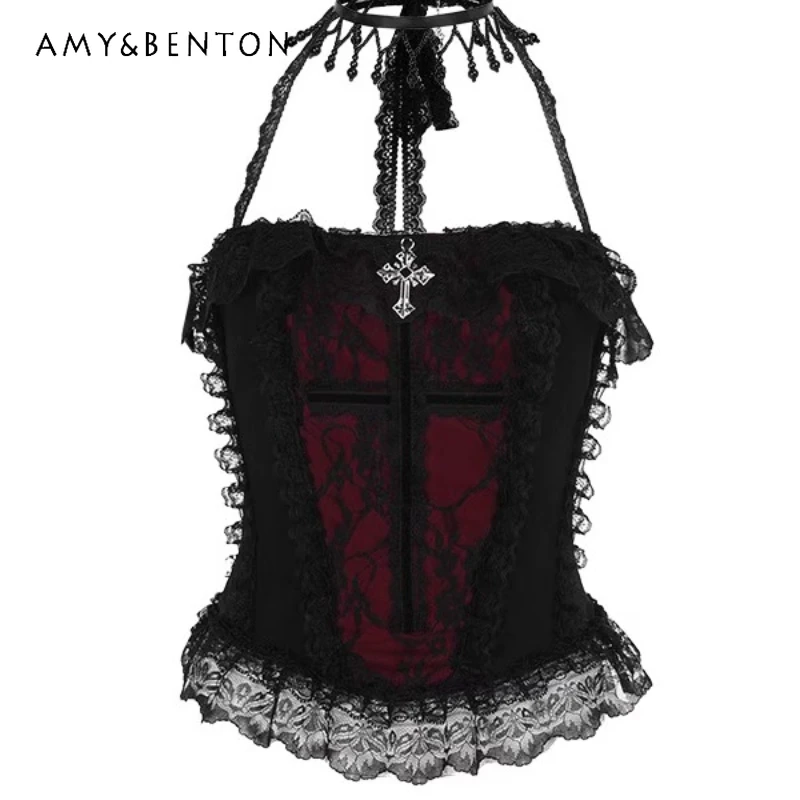 

Punk Dark European American Original Gothic Lace Hollow Out Halter Hanging Women's Vest Autumn New Black Red Sexy Sling Ladies