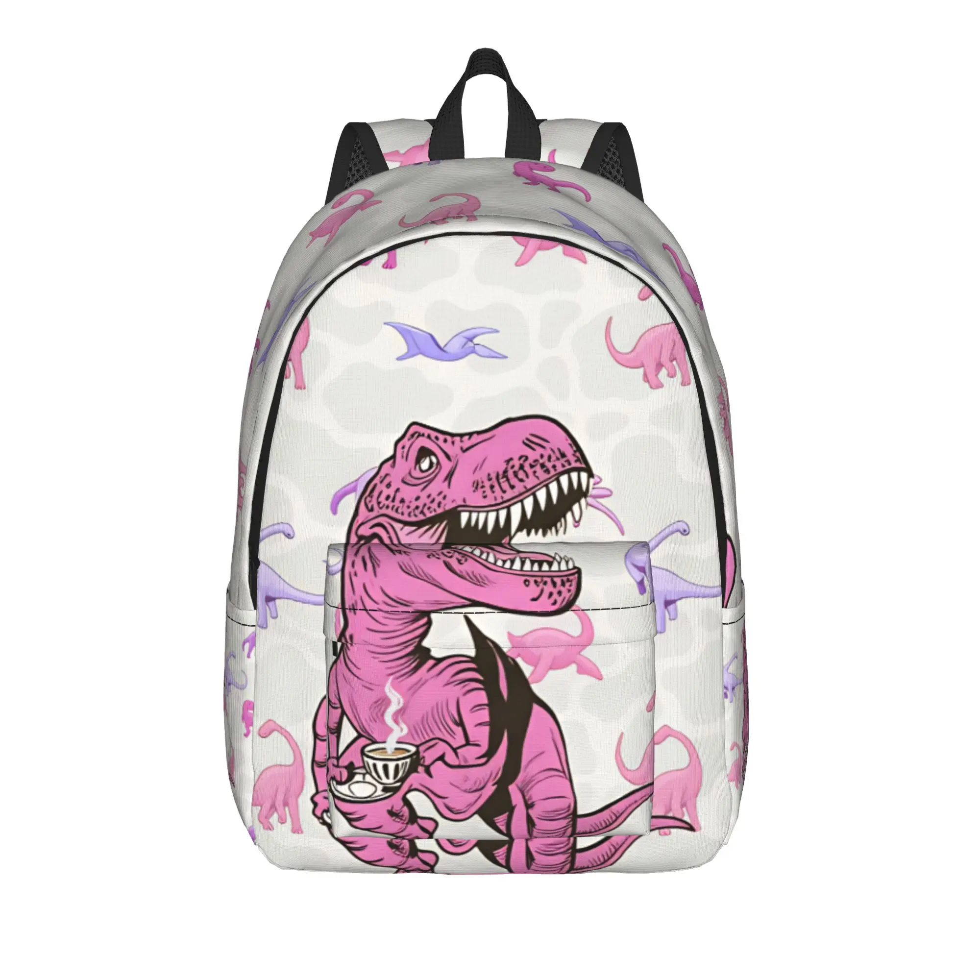 Pink Coffee T-Rex Dinosaur Print Backpack Student  Print Backpacks Polyester Kawaii High School Bags Workout Colorful Rucksack