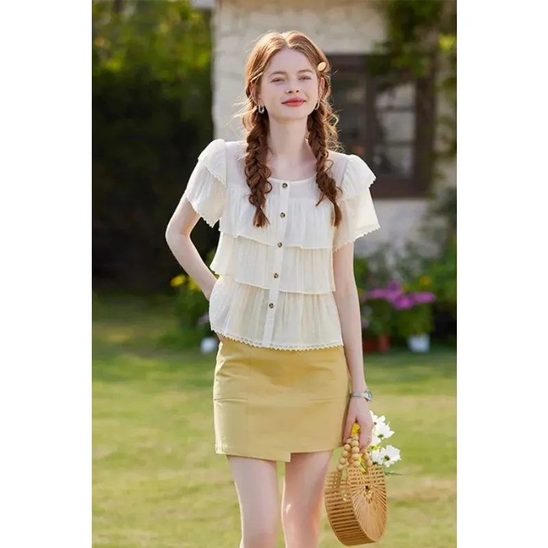 

Women's Lace Ruffled Blouse O-Neck Short Sleeve Casual Summer Shirt