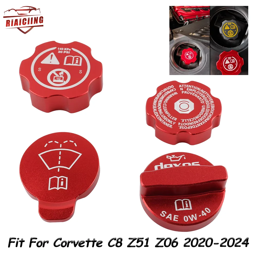 

4pcs Aluminium Engine Oil Cap Radiator Water Tank Cover Trim Red for Corvette C8 2020-2024 New Engine Cap Cover Set Accessories