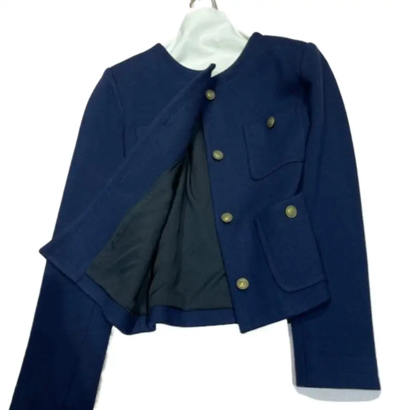 Dark Blue Two-Piece Wool Blended Three-Dimensional Short Coat Wool Small Suit Jacket Silk Lining