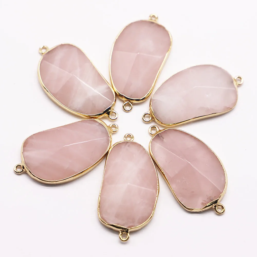 30*24MM Natural  Stone Rose Quartz Charms Connector Pendant Double Hole 6pcs for DIY Women Men Jewelry Bracelet Making Wholesale
