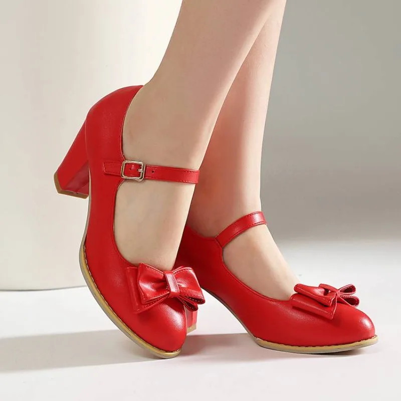 Pumps Spring and Autumn Fashion New Style High Heels Nude Shoes Round Head Buckle Sweet Butterfly-knot Women's Shoes High 6.5cm