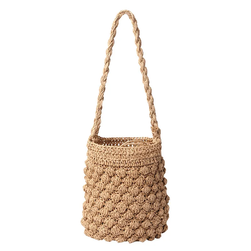 Korean Version Drawstring Woven Shoulder Handbag Leisure Vacation Seaside Beach Bag Summer Net Red Straw Bucket Bag Women