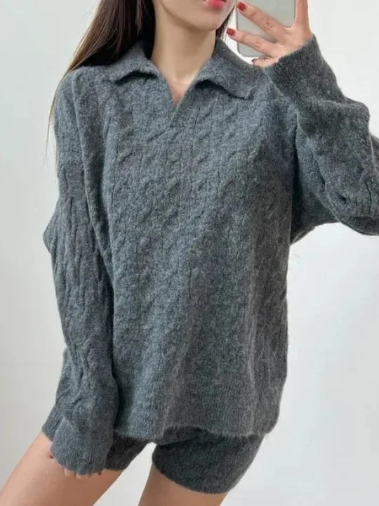 Elegancki Jesienno-Zimowy Vintage Skręcony Sweter Dzianinowy Top i Spodnie Dwuczęściowy Zestaw Damski Wygodny i Modny