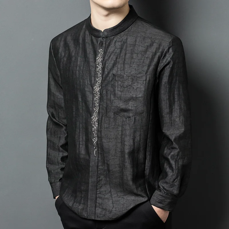 

High Quality Real Silk Yarn Spring New Stand Collar Tangzhuang Shirt Long Sleeve Men's Chinese Retro