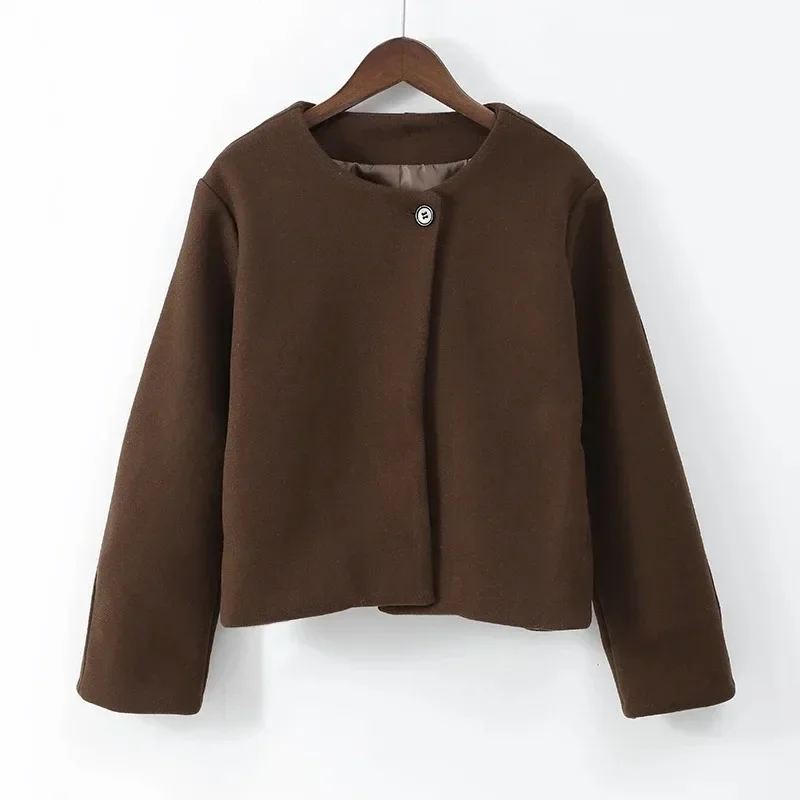 Fashion Women Solid Round Neck Short Coat Elegant Full Sleeve One Button Loose Women's Jacket Fall Winter Daily Wear