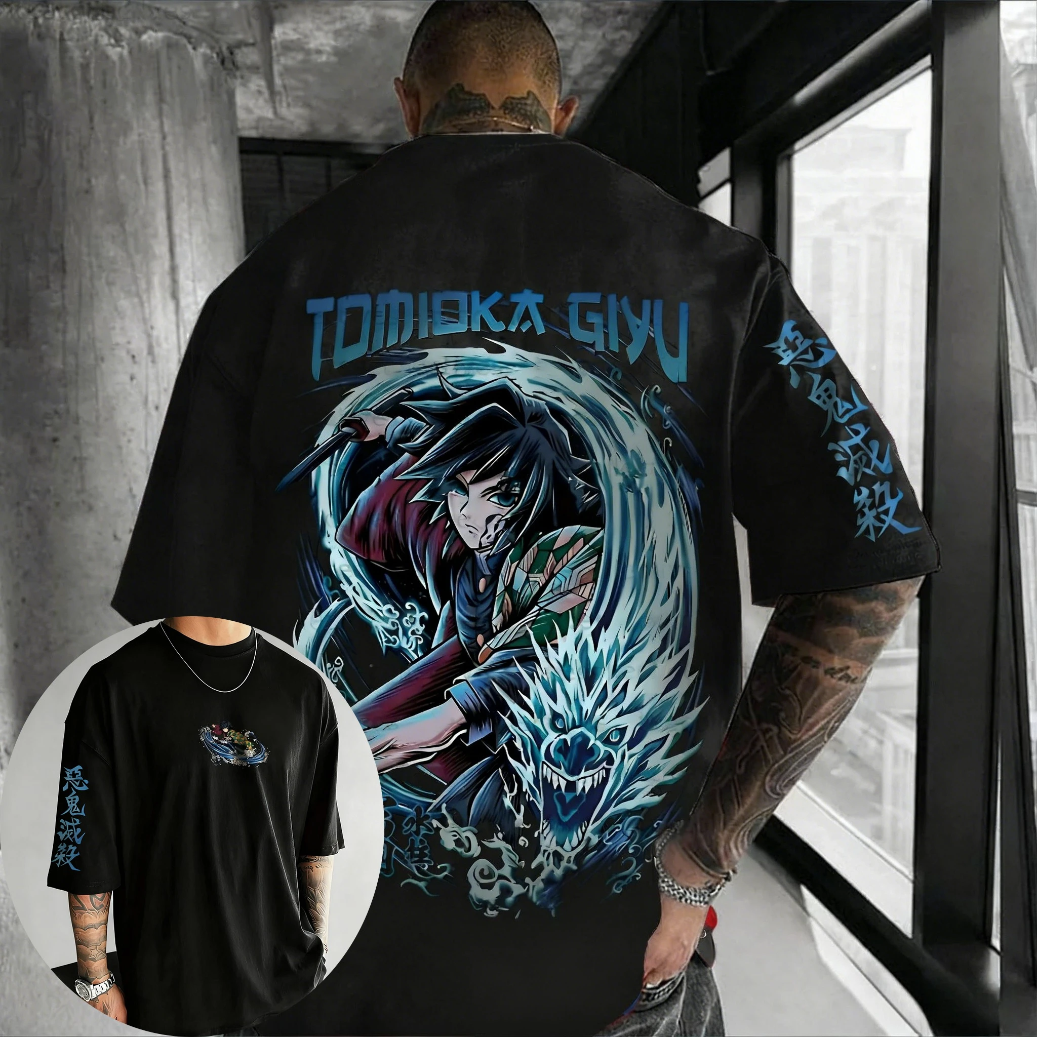 شيطان القاتل أنيمي Tomioka Giyuu تي شيرت مطبوع 2026 الرجال الخريف/الشتاء Harajuku جديد كبير اليومية عادية الوالدين والطفل #3