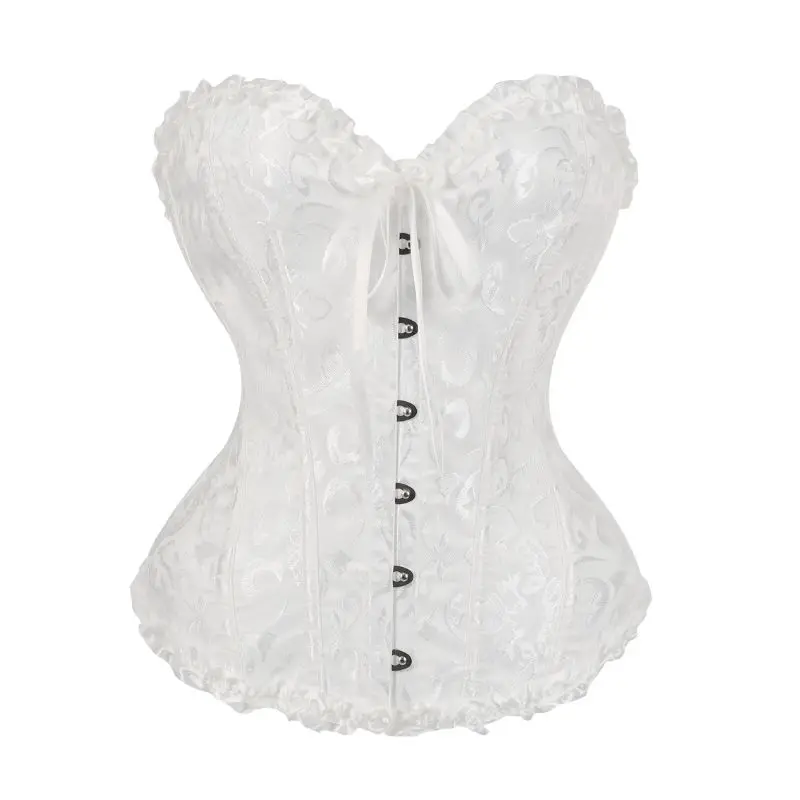 Gothic Jacquard Corset Top Ruffle Neck Front Steel Busk Boned Women Vintage Halloween Cosplay Costume 28 Colors