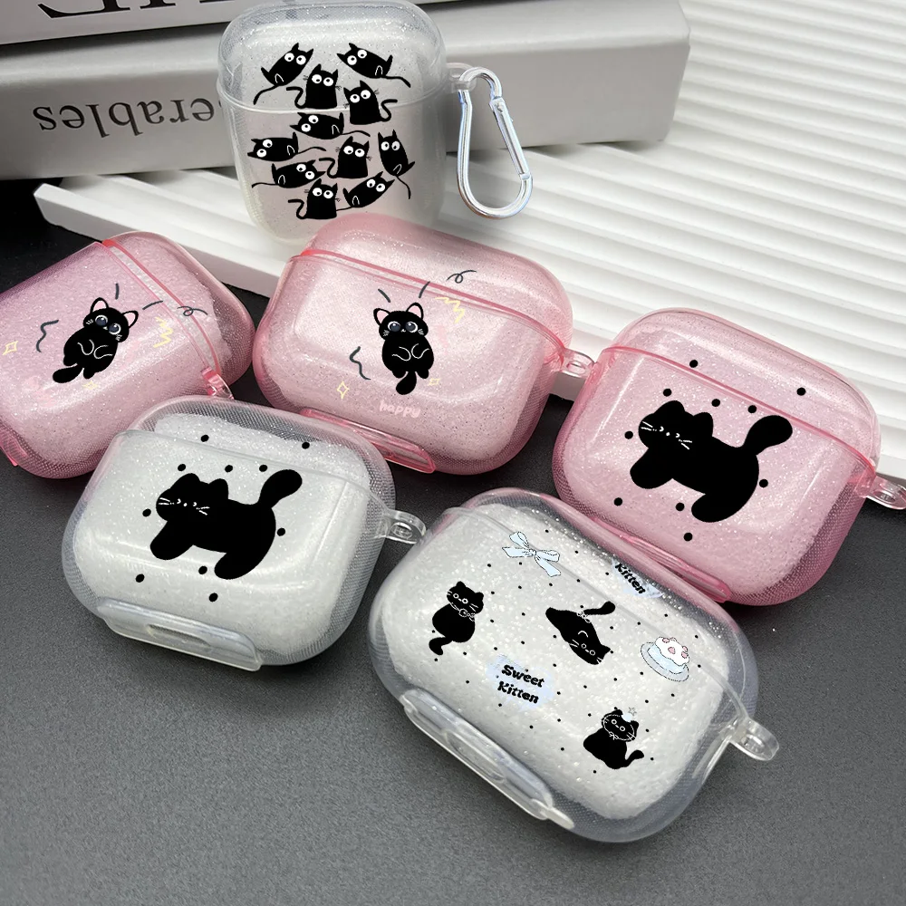 

Cartoon Black Cat Case For Airpods Pro 2/Pro Bling Glitte TPU Cover For AirPods 4 3 1 2 Bluetooth Earphone Protector Cover