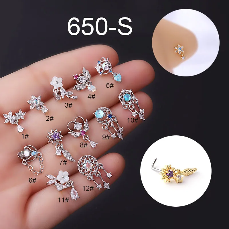 1Piece Fashion L Shaped Dangle Nose Studs Piercing 20G Stainless Steel Flower Moon Tassels Zircon Nostril Screw Piercing Jewelry