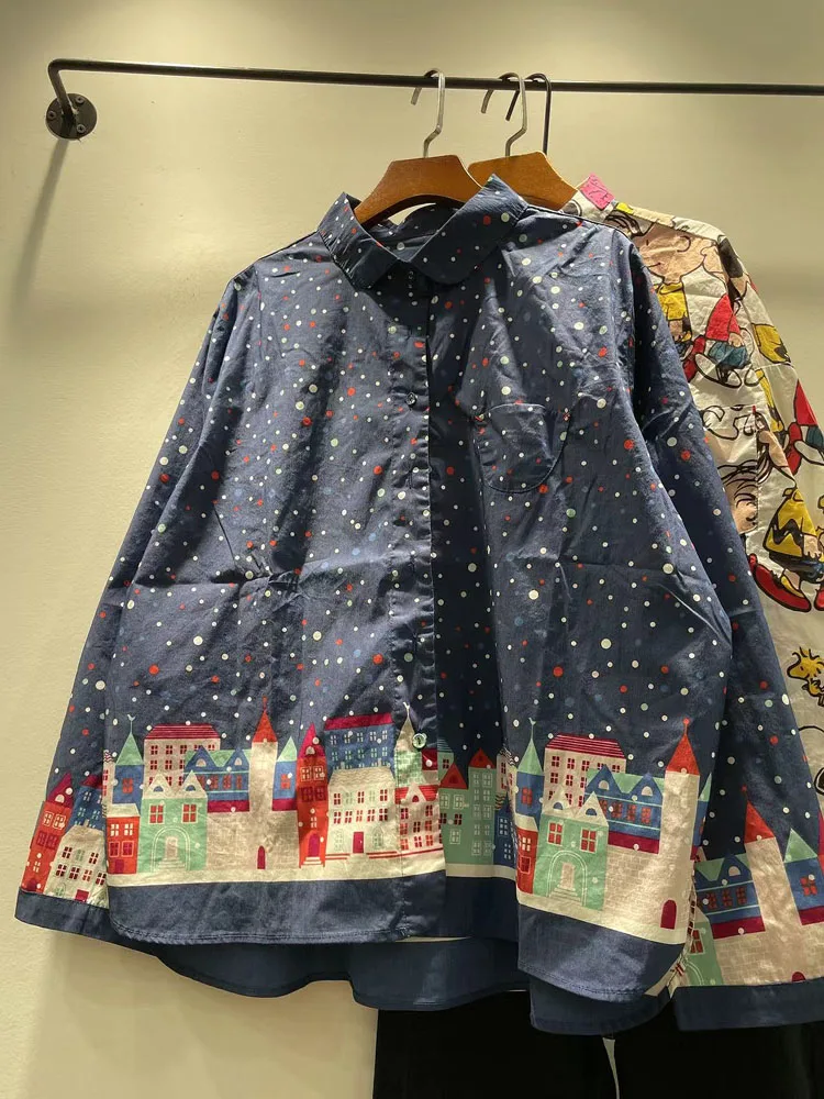 

Свободная женская рубашка с длинным рукавом, весна-осень, корейский стиль, с цифровым принтом, отложным воротником, на одной пуговице, из смесового хлопка