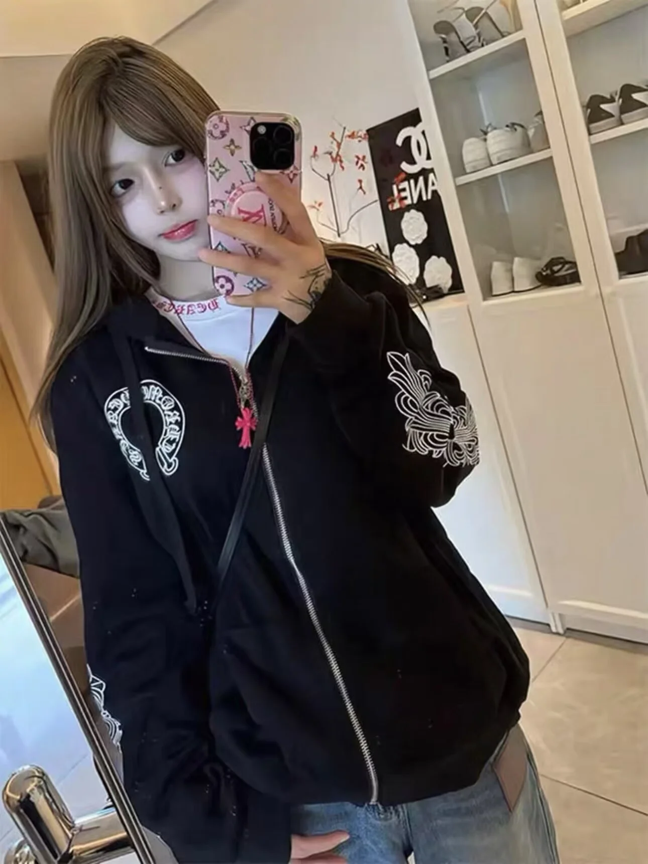 Street Sle Hoodie Damen Herbst Winter Casual Paar Offene Strickjacke Jaet Loose Fit Bedruckt Lange Sve Reißverschluss