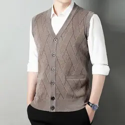 Trend Autumn Men Sweaters Vest V-Neck Printing Single Breasted Korean Casual Loose Thicken Sleeveless Cardigan Knitd Coat Tops