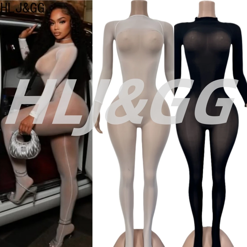 

HLJ&GG Sexy Mesh See Through Bodycon One Piece Jumpsuits Women O Neck Long Sleeve Stretchy Overall Lady Party Clubwear Playsuits