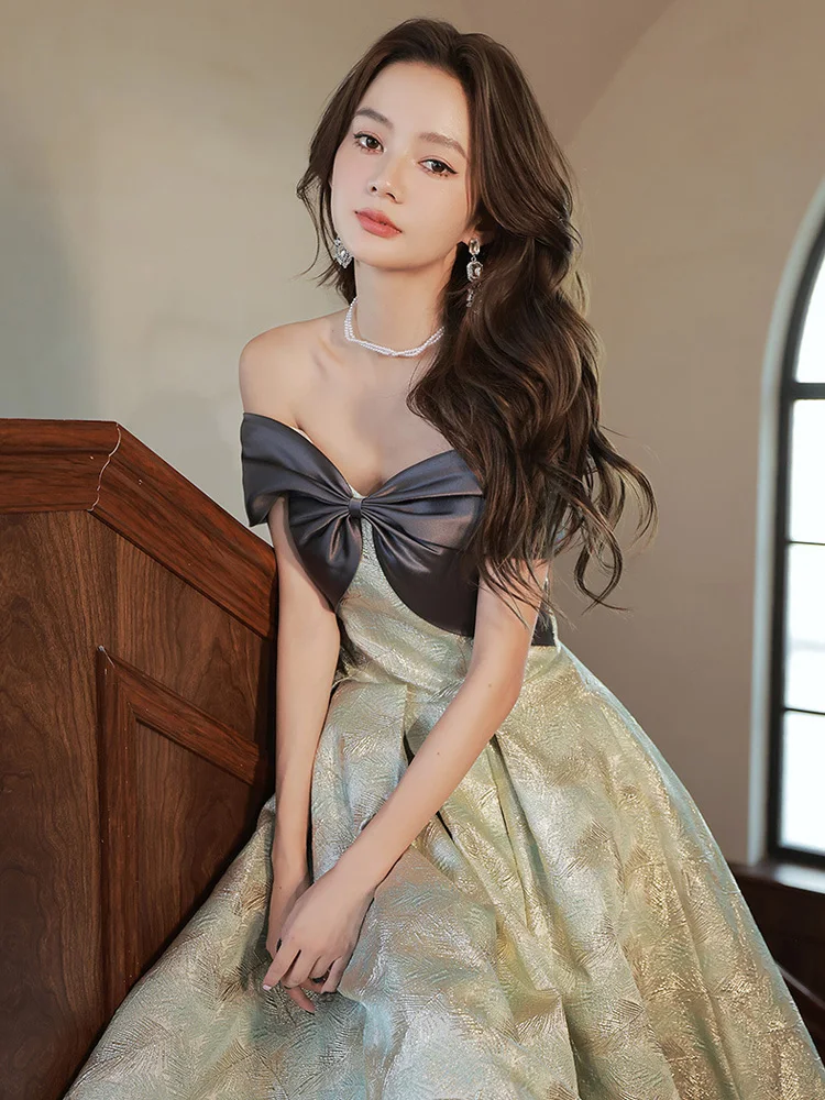 

Simple Evening Dress 2022 Retro Sexy Off Shoulder Floor-Length Banquet Gown Temperament Bow A-Line Prom Dresses