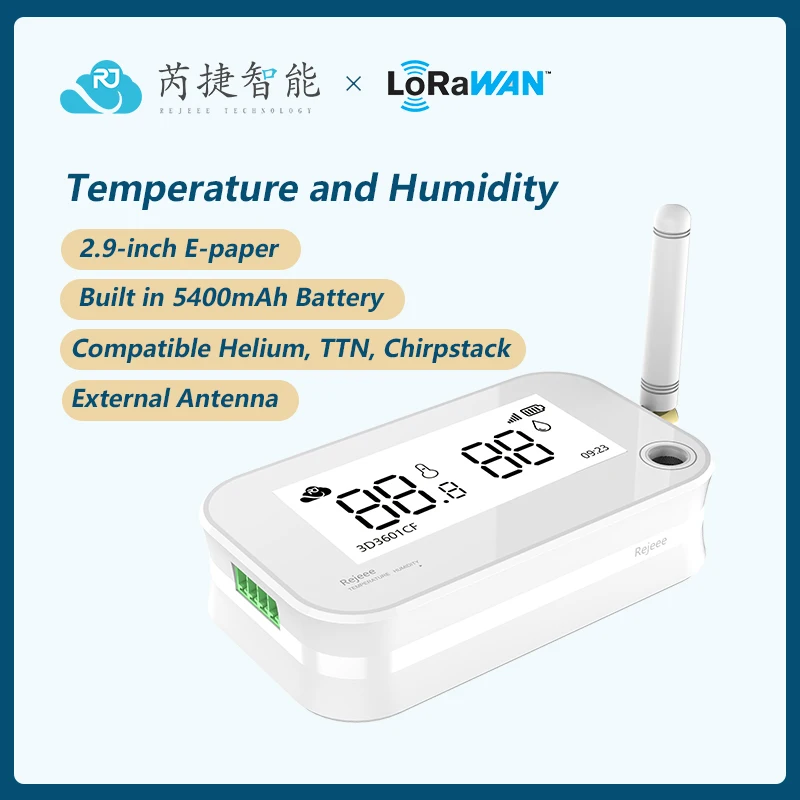 Rejeee LoRaWAN Temperature and Humidity Sensor With 2.9-inch E-paper, Built in 5400mAh Battery, External Antenna, TTN, Helium