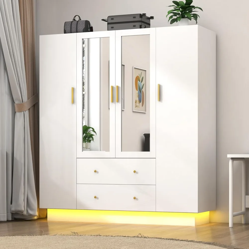 4 Door Wardrobe Closet with Mirrors and LED Lights,Bedroom Armoire with Drawers and Shelves,Modern Closet Hanging Rod Bedroom