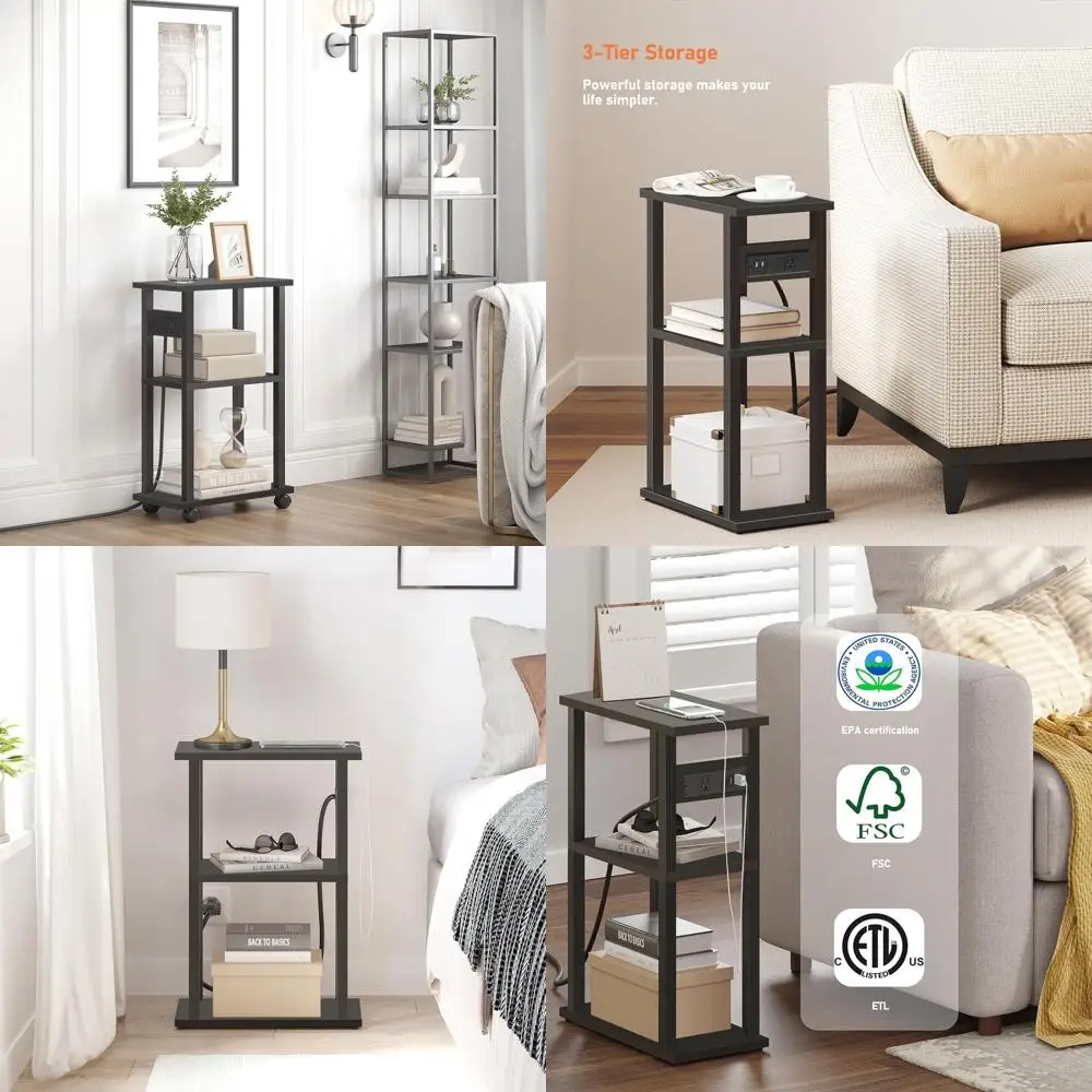 

Compact Dual Charging Side Tables for Tight Spaces with USB & Outlet, Sleek Black Nightstands on Wheels TB01BK047