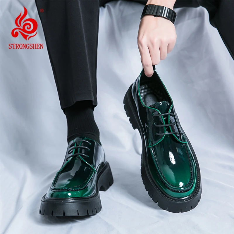 STRONGSHEN Men British Style Patent Leather Business Sheos Lace-up Platform Casual Shoes Oxfords Fashion Streetwear Footwear