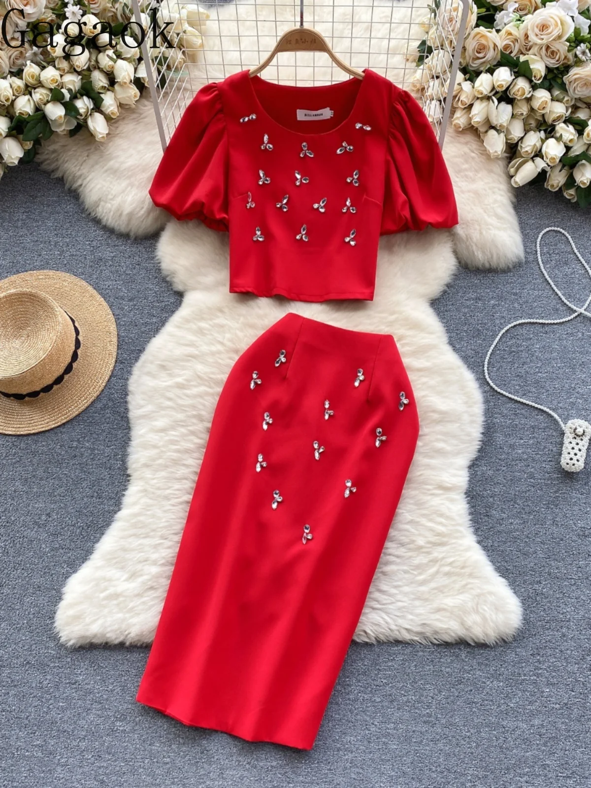 Gagaok Korean 2 Piece Set Women Suit Elegant Fashion Diamond Encrusted Bubble Sleeve Top Versatile High Waist Bodycon Skirt Sets