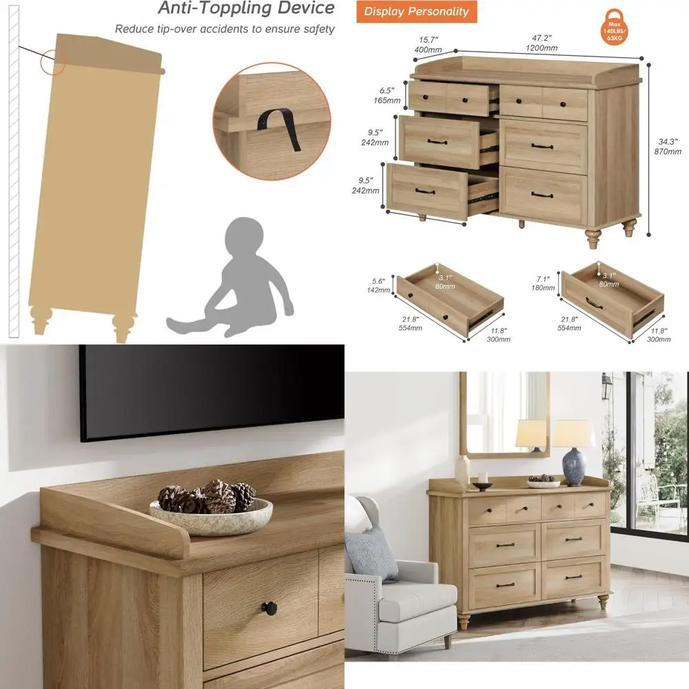 

6-Drawer Bedroom Set with Wide Chest for Kids, Ideal for Living Spaces, Hallways, and Nurseries in Rustic Oak Finish