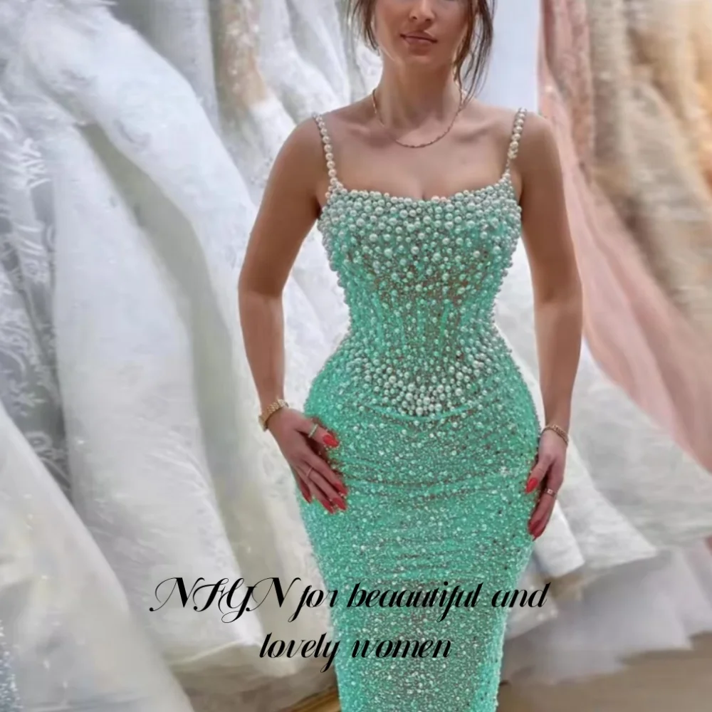 NFYN Blue Elegant Prom Dresses Gorgeous Pearl Sling Sleeveless Mermaid Evening Gown Pleating Ball Gown robe soirée Customized image 3
