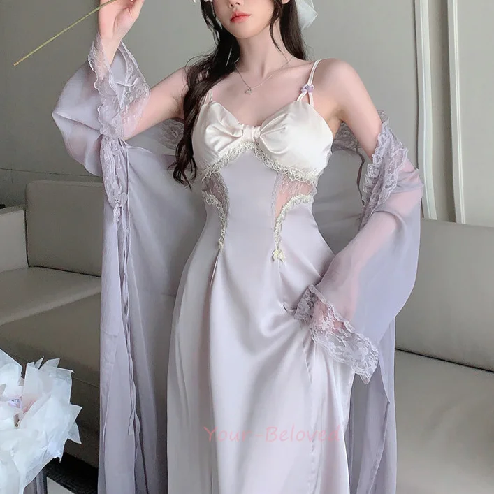 

Sexy Mesh Robe Princess Girl Bathrobe Suit Women Rayon Sleepwear Purple Chemise Nightgown Homewear Casual Homewear Loungewear