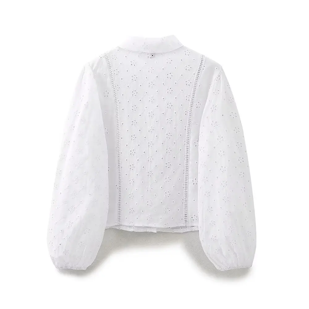 Tangada Women White Embroidery 85% Cotton Shirt  Lantern Long Sleeve 2024 Fashion Female Crop Blouse Tops 6H0197