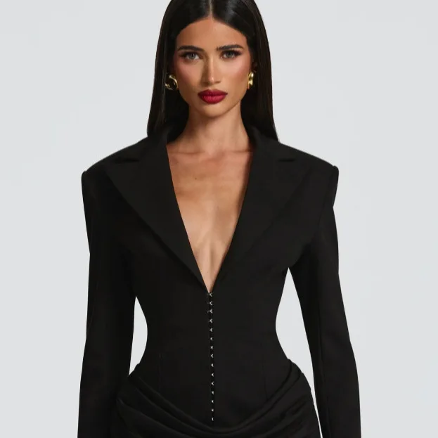 2026 Spring Summer Women Dress Blazer Lapel Long Sleeve Bodycon Evening Dresses Outfit