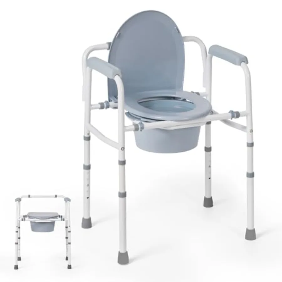 

Bedside Commode Chair with Bucket for Seniors Portable Extra Wide Commode Seat for Toilet Folding Steel Chair with 5 Adjustable