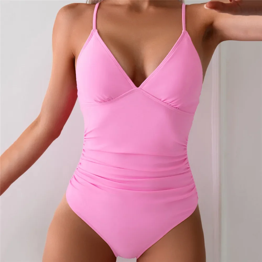 

Pink Slim Solid Swimwears V Neck Sexy Swimsuit Women 2025 One Piece Side Waist Ruched Bathing Suit Swimming Wear Monokini Bikini