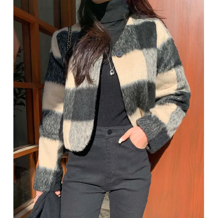 

Chic Woolen Coat Women's V-ne-button Cotton ort Sle Winter Faion Sensation Commute Long Sve Top