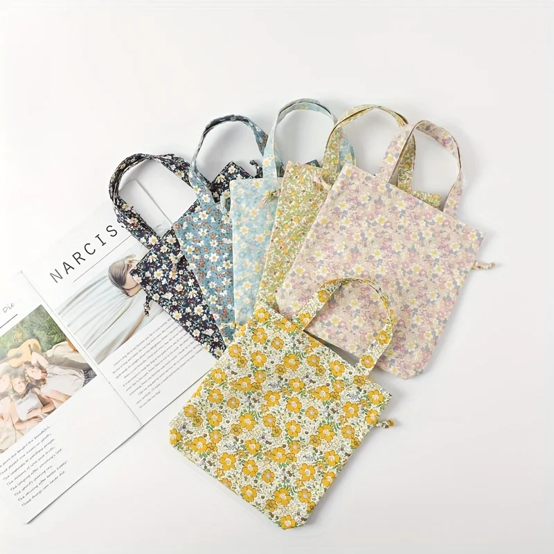 1 حقيبة تسوق يدوية صغيرة مطبوعة بالزهور حقيبة تخزين برباط قطني محمولة مبتكرة #5