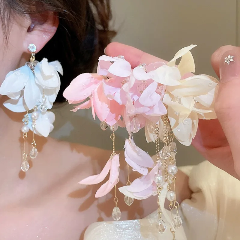 Hyperbole Bunte Stoff-Ohrringe mit Imitationsperlen und Glasperlen, Blumen-Design und Langen Quasten für Damen, Echtvergoldetes Kupfer