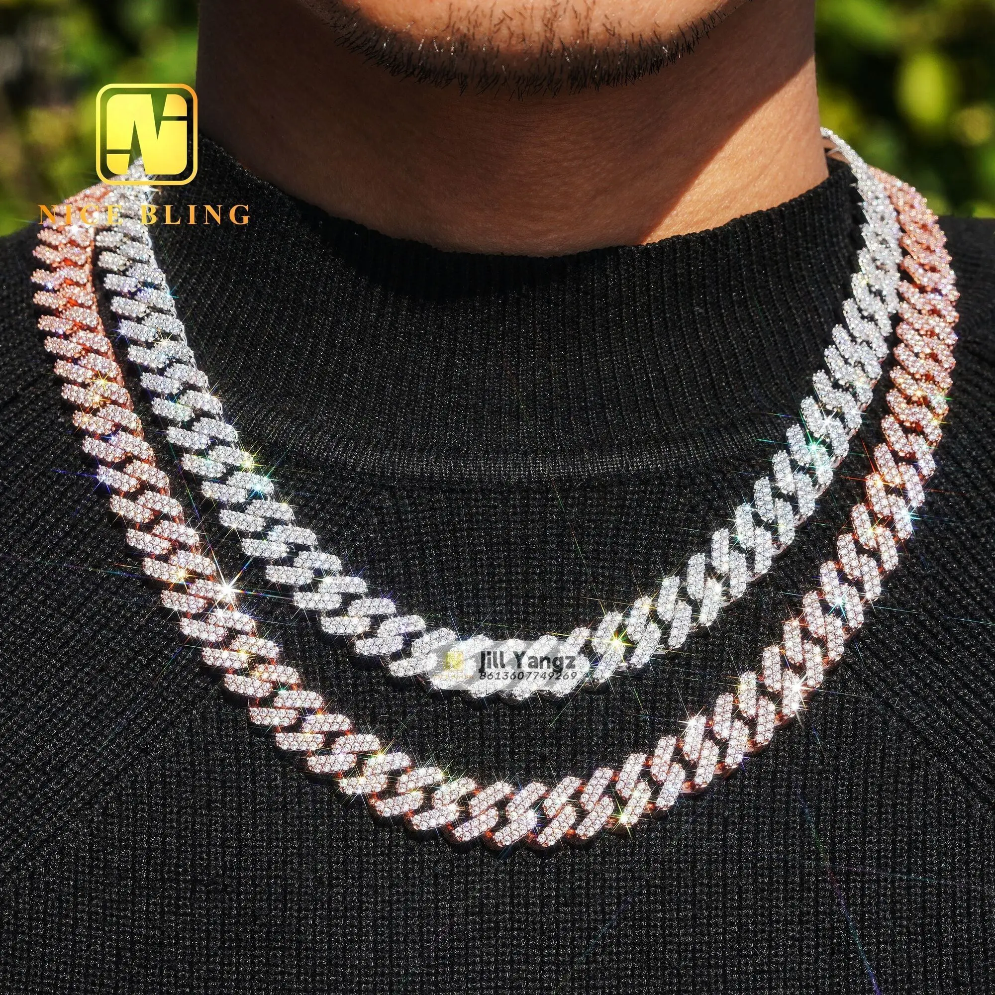 Wholesale Cheap Price 13mm Fine Quality 925 Sterling Silver Cuban Chain Cubic Zirconia Necklace Hip Hop Jewelryry Necklace Rock