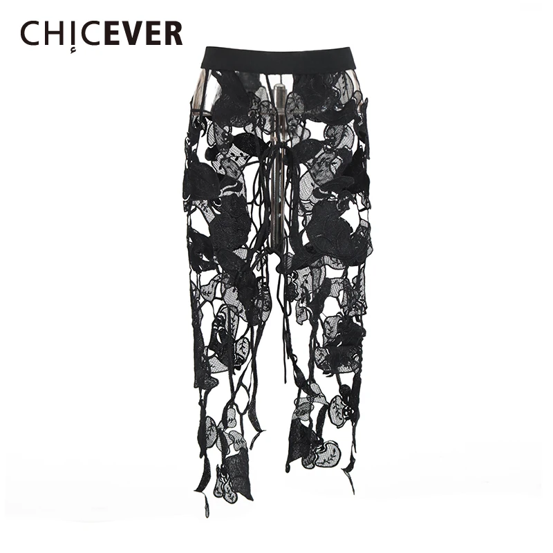 CHICEVER Solid Patchwork Hollow Out Appliqure Skirt for Women High Waist Irregualr Design Temperament Midi Lentgh Skirts Female