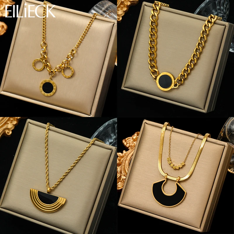 EILIECK 316L Stainless Steel Geometric Black Pendant Necklace For Women Fashion Gold Color Waterproof Neck Chain Jewelry Gift