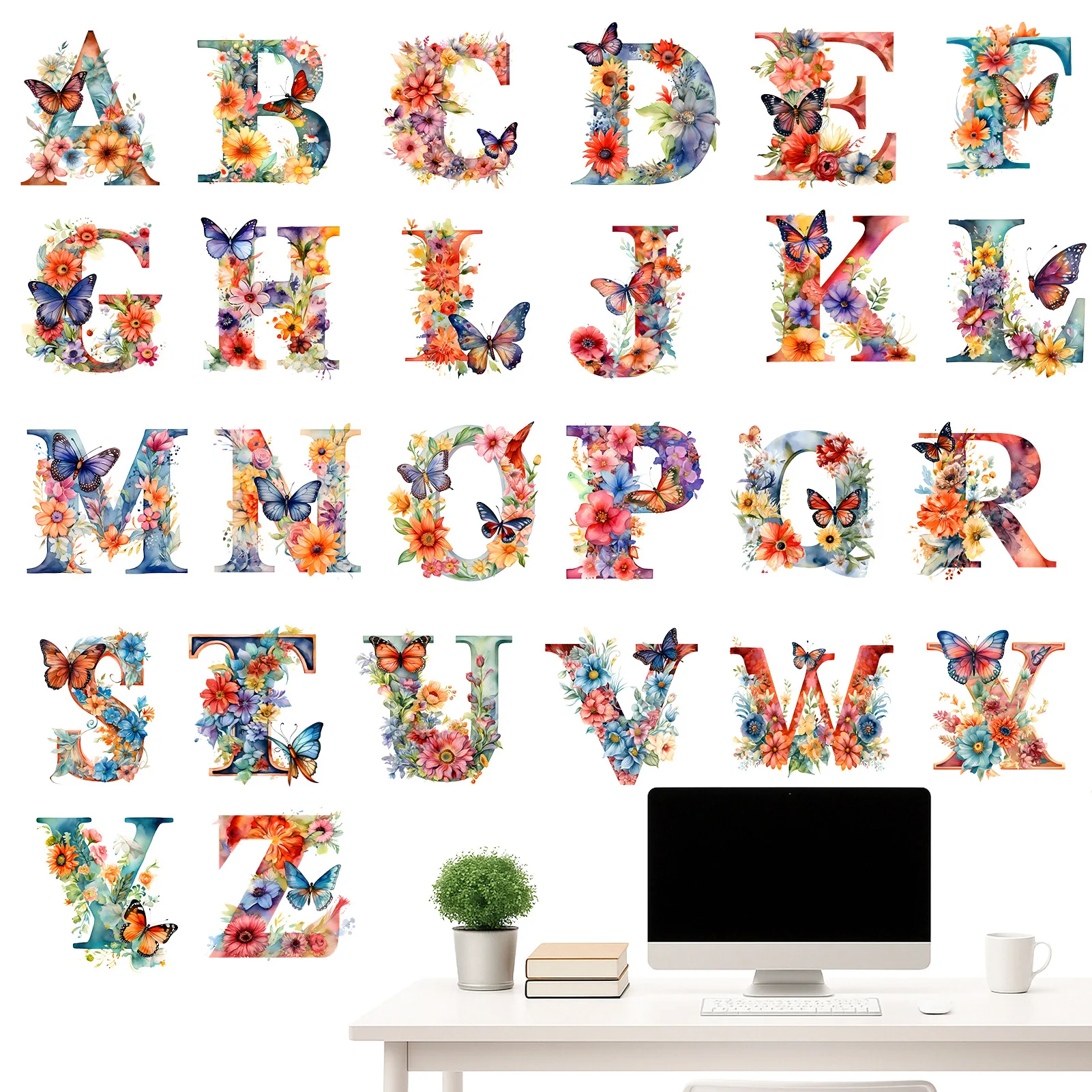 Alphabet Butterfly Flower Wall Stickers Creative Letters Educational Waterproof Removable Decals for Bedroom Living Room Home