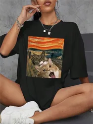 Oil Painting Three Naughty Cats Creative Design T-Shirts Women Fashion Street Breathable Tops Cotton Summer Female Clothing Tees