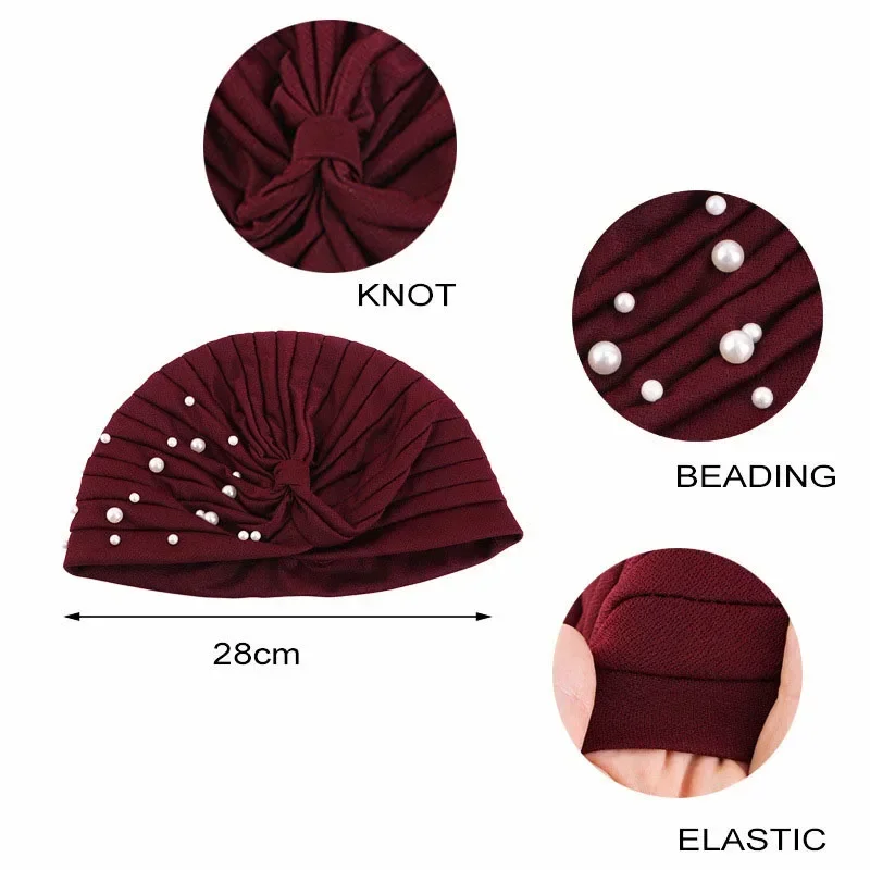Indian Muslim Women Beads Hijab Chemo Caps Pleated Turban Bonnet Beanies Hair Loss Hat Headwrap Cancer Cover Headscarf Mujer Cap