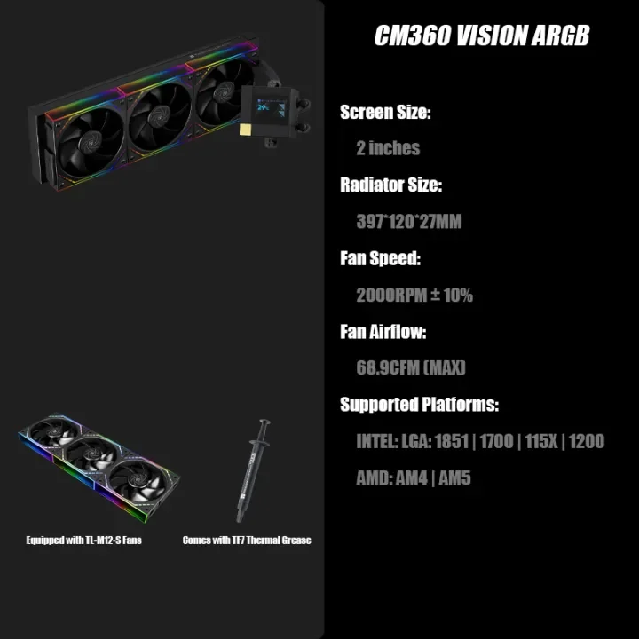Thermalright CORE MATRIX 360 VISION ARGB BLACK Cpu Liquid Cooler 320*240 Resolution IPS LCD Support LGA1851/1700/1200 AM5/4