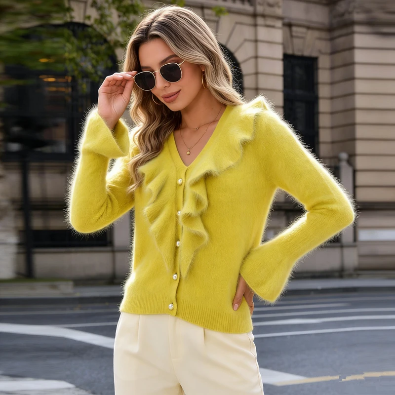 

Женский кардиган из вельвета с рюшами и жемчужными пуговицами, V-образный вырез, длинный рукав, пушистый, вязаный, повседневный, теплый, осень-зима 2026