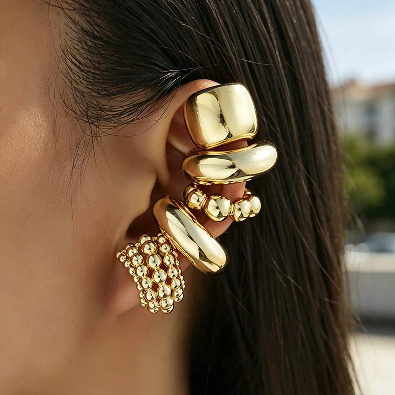 3Pcs Bohemian Gold Wide C Shaped Ear Clip for Women Non Pierced Bead Textured Cartilage Cuffs Stackable Vintage Jewelry Gift New