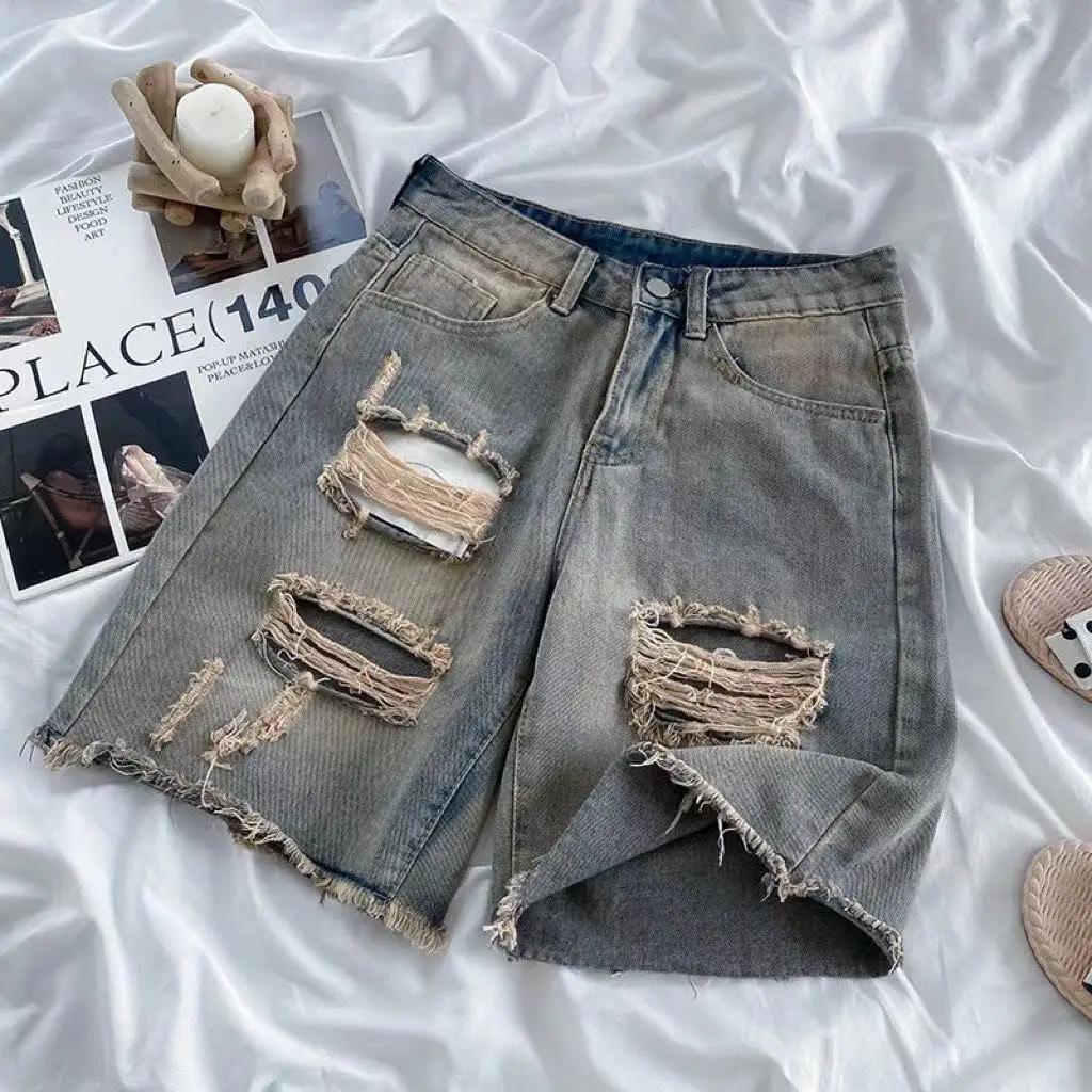 High Street Perforated Capris Hip Hop Unisex Vibe Style High Waist Straight Leg Versatile Denim Shorts Instagram