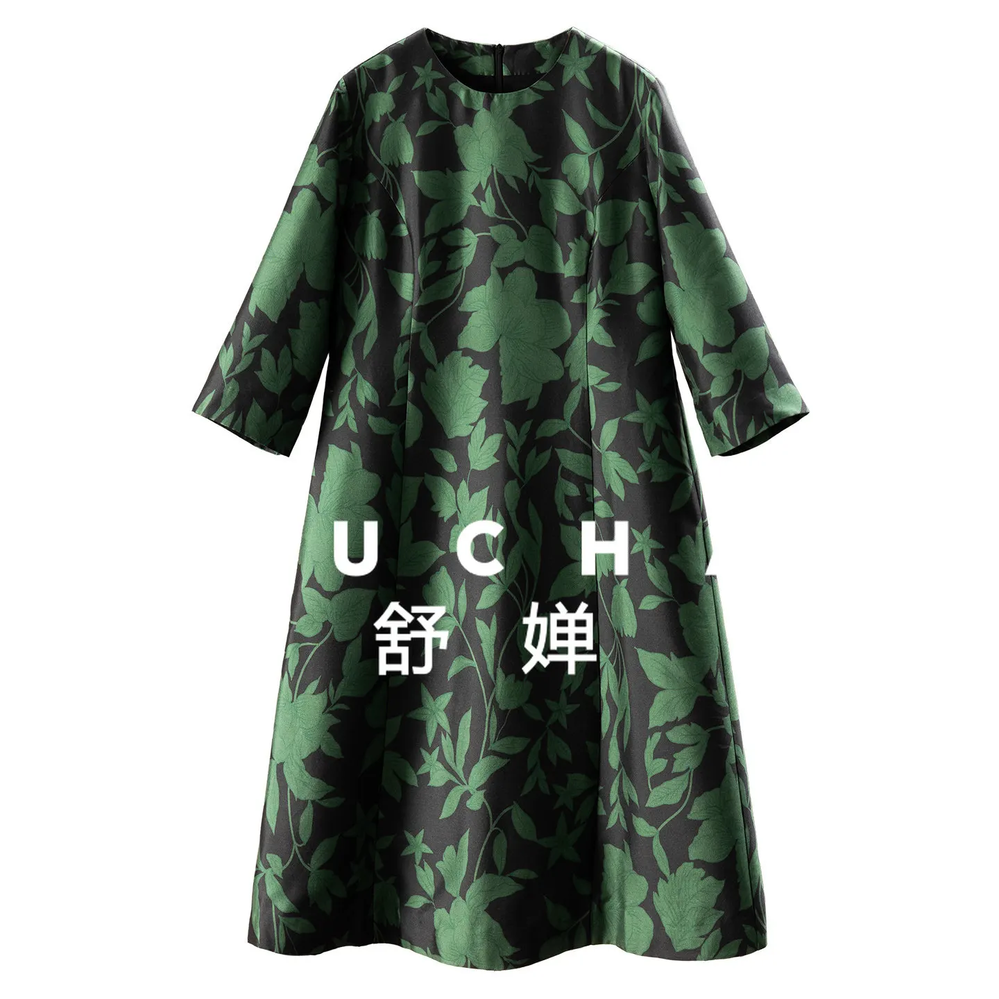 

Elegance Dress French High-end Printed Silk + Wool A-character Round Neck Nine-quarter Sleeve Dress Women 80I9